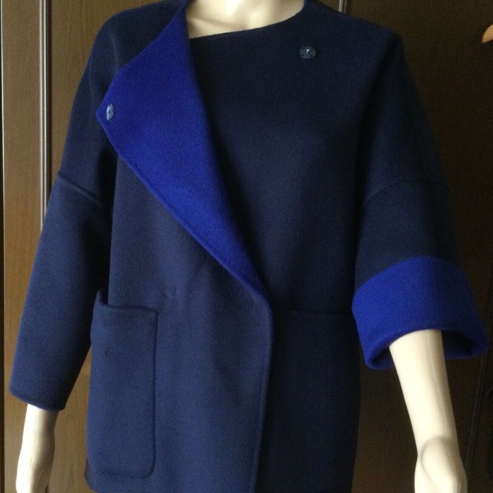 Max Mara Reversible Navy Blue Wool Cape Coat Caban Jacket IT 38 US 2 4 S